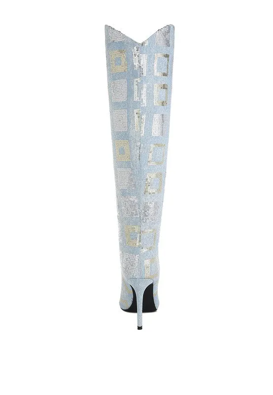 Sharmin Checkered Sequin Knee High Boots