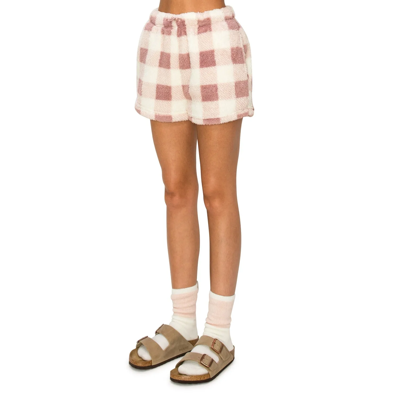 Sherpa Fleece Plaid Sweatshorts - Mauve Buff