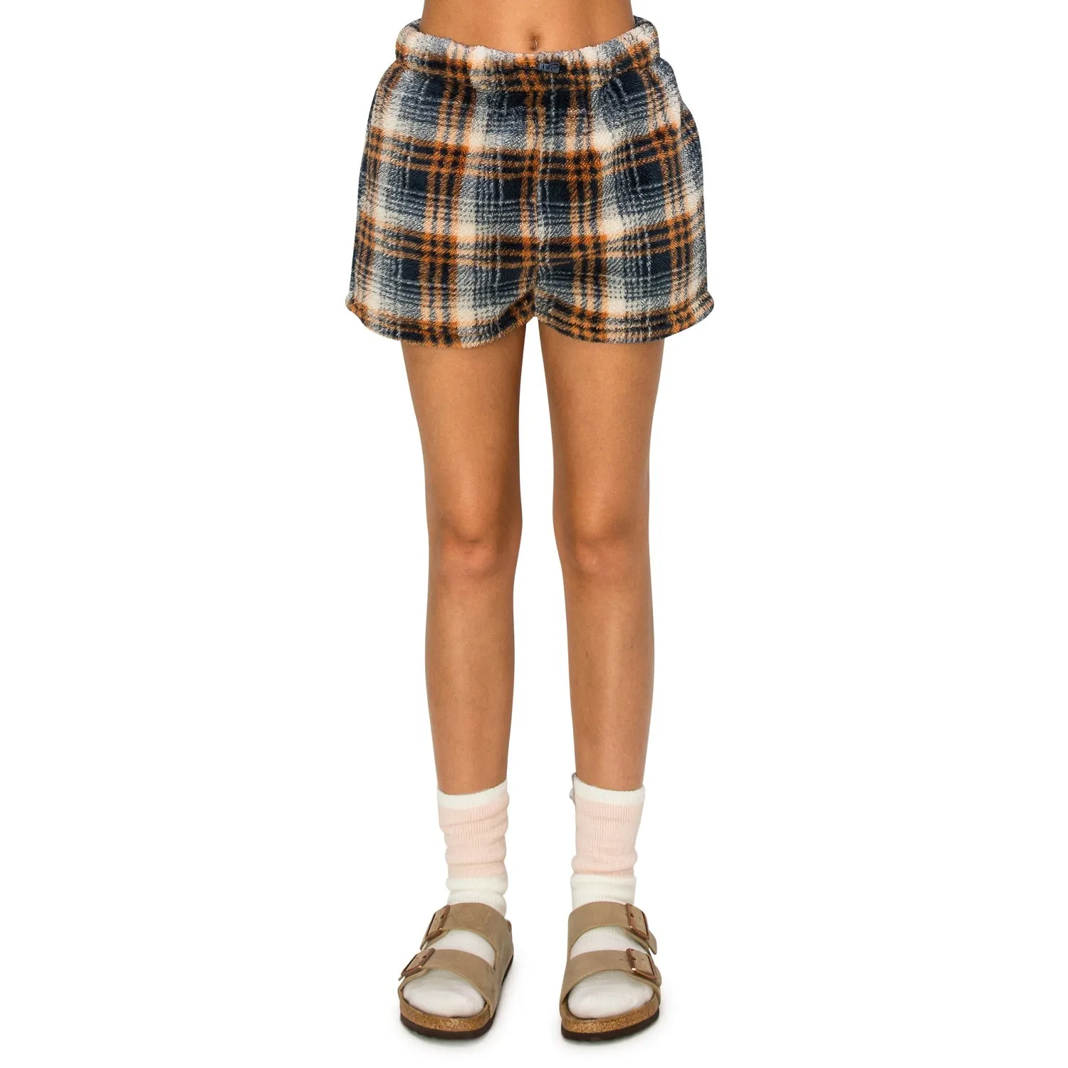Sherpa Fleece Plaid Sweatshorts - Navy/Brown