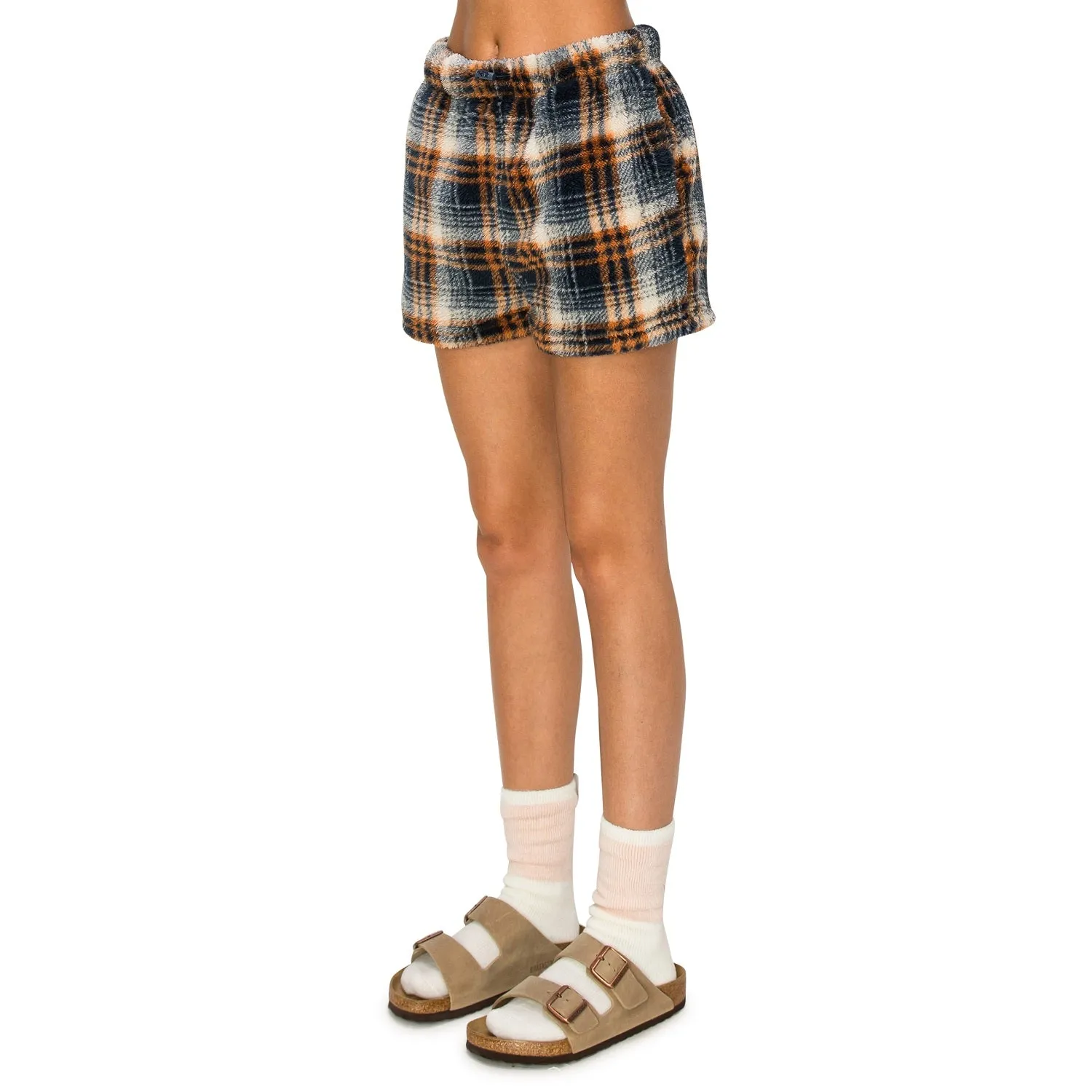 Sherpa Fleece Plaid Sweatshorts - Navy/Brown