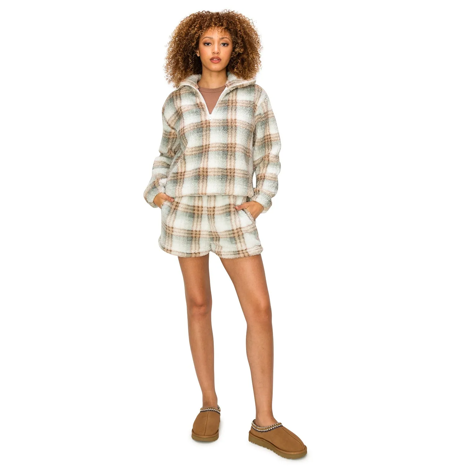 Sherpa Fleece Plaid Sweatshorts - Sage/Neutral