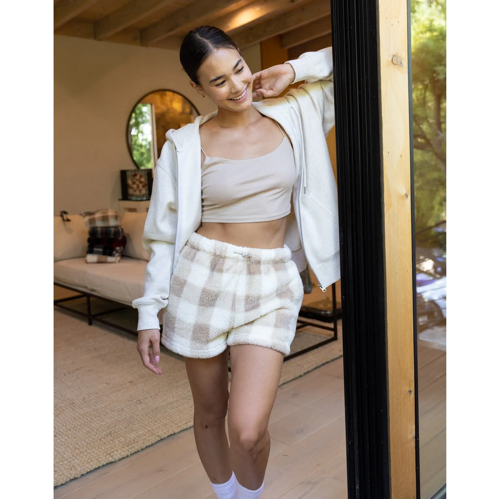 Sherpa Fleece Plaid Sweatshorts - Taupe White