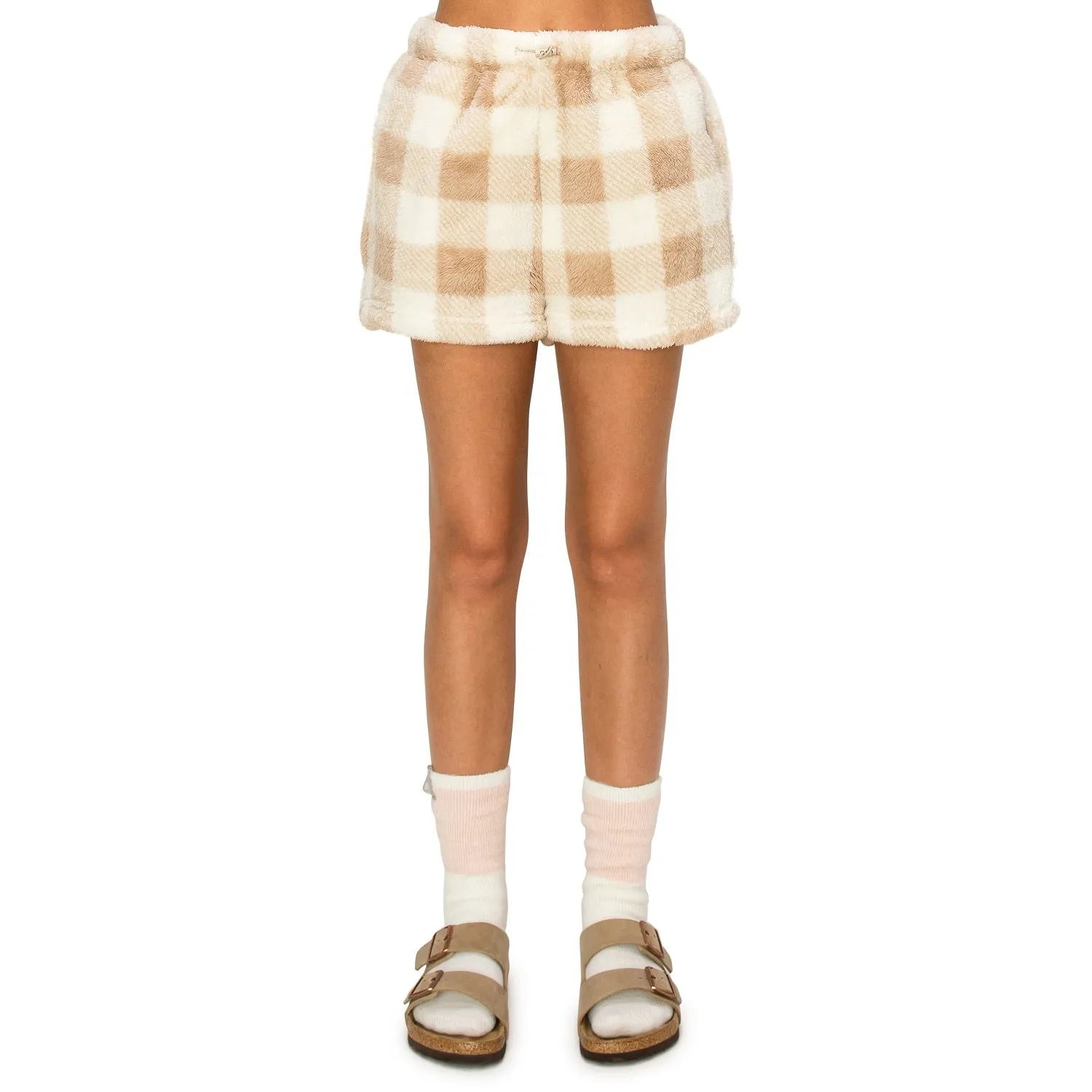 Sherpa Fleece Plaid Sweatshorts - Taupe White