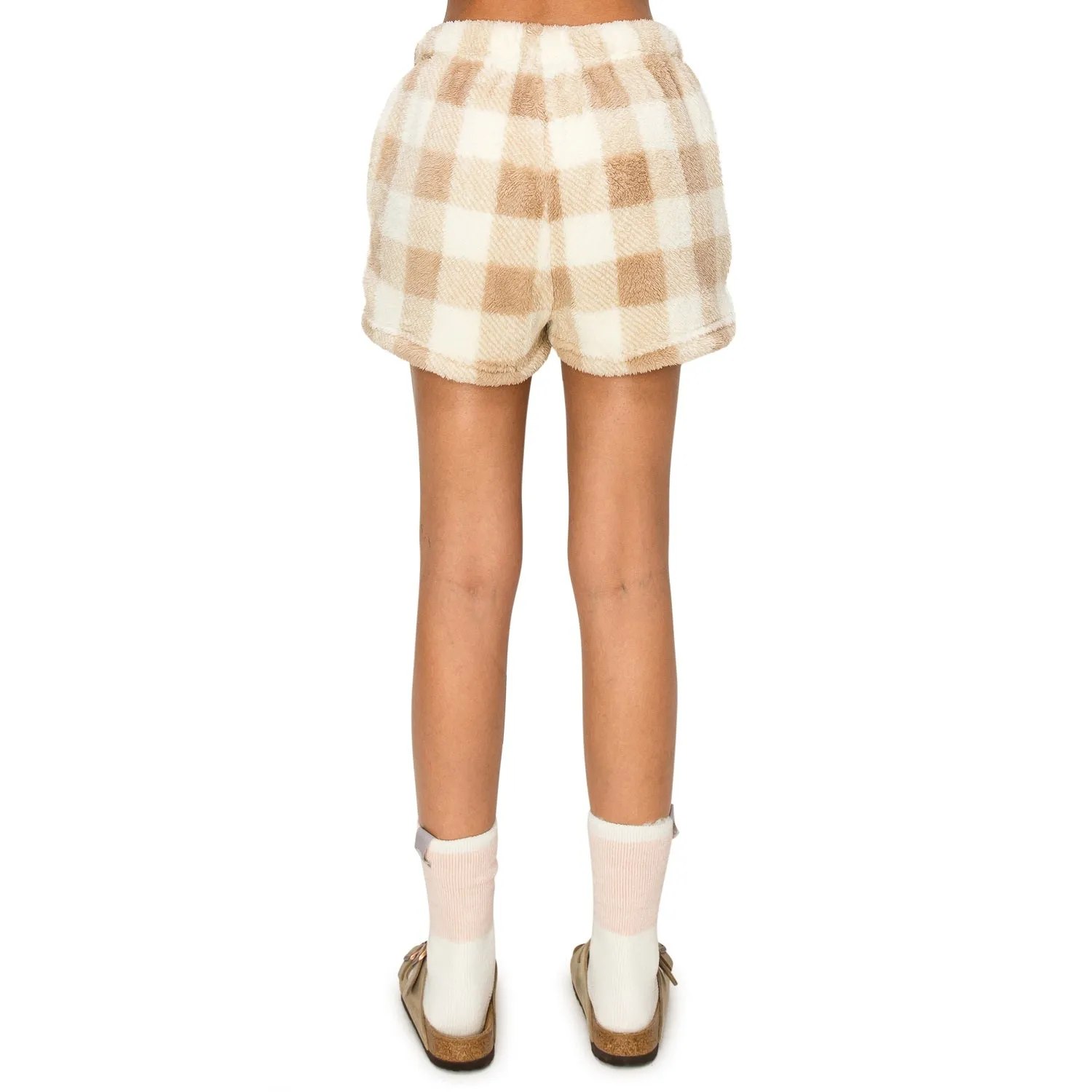 Sherpa Fleece Plaid Sweatshorts - Taupe White