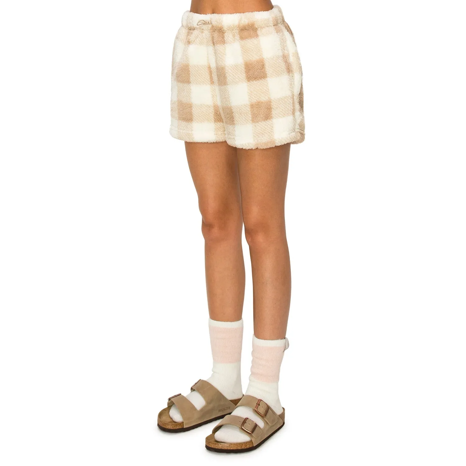 Sherpa Fleece Plaid Sweatshorts - Taupe White
