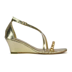 Sky Strappy Square Toe Patterned Diamante Wedge Heel Sandals in Gold