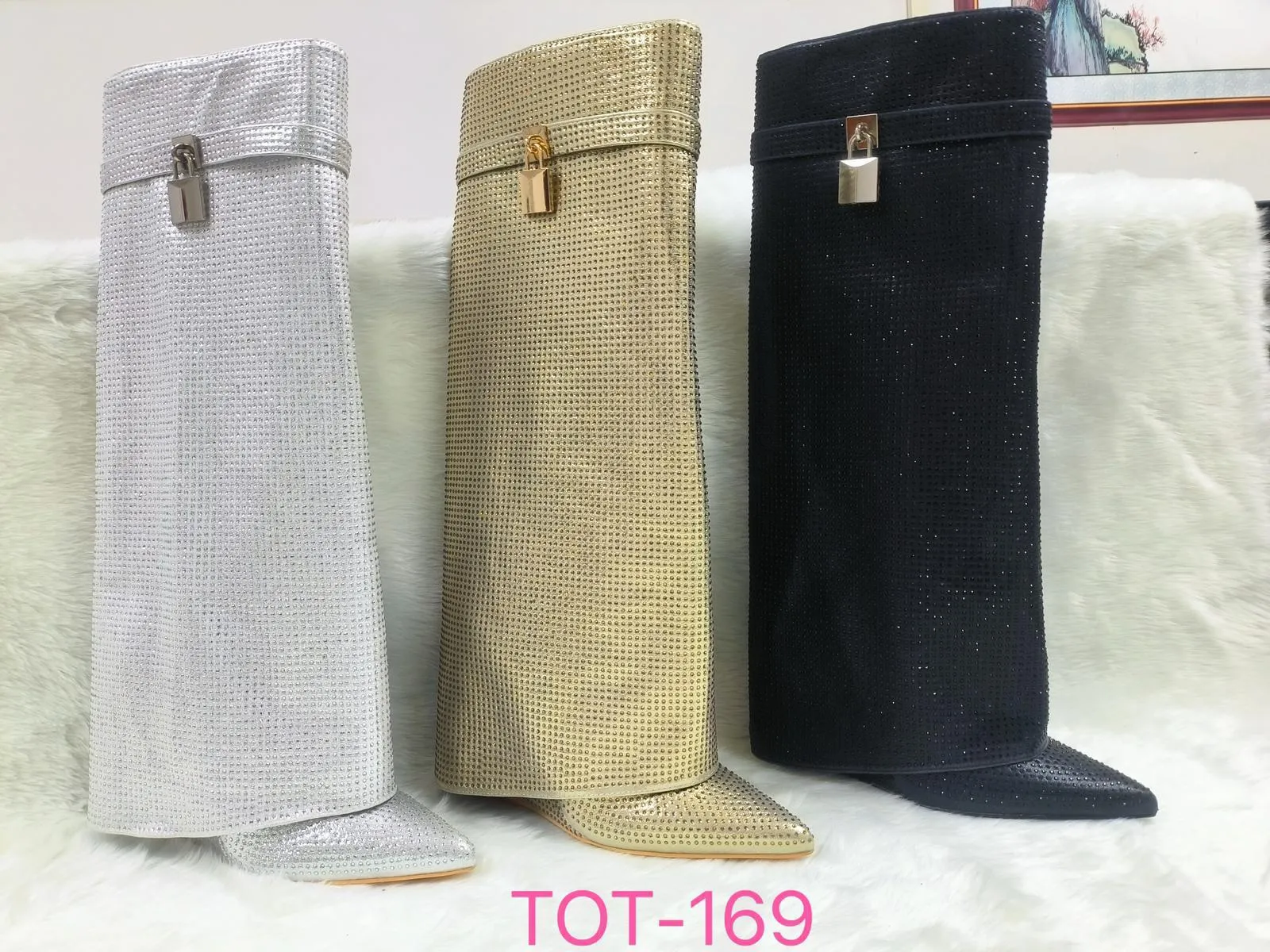 Sparkle Crystal Rhinestone Knee-High Boots -Gold