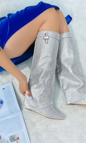 Sparkle Crystal Rhinestone Knee-High Boots -Silver