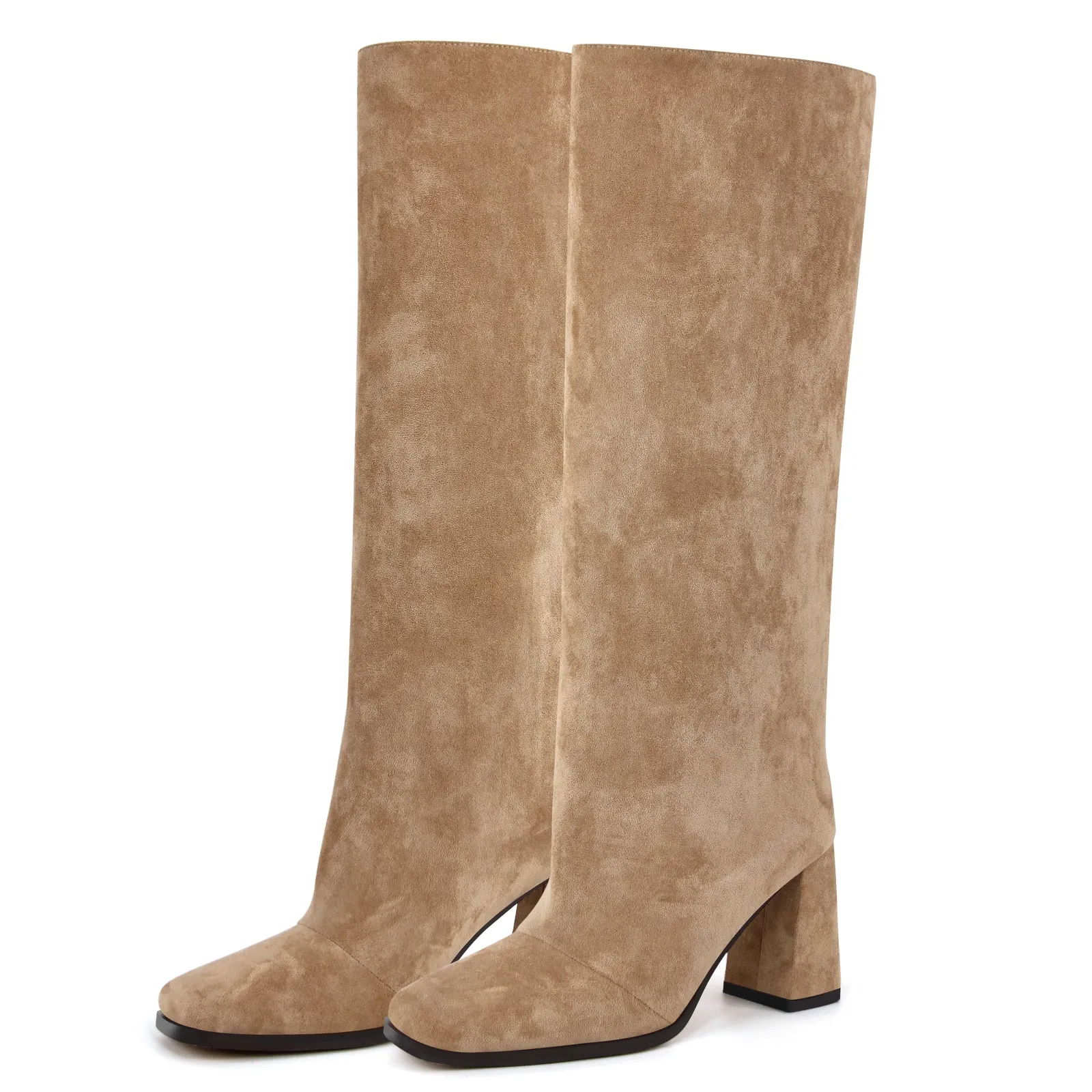 Square Toe Suede Chunky Heel Knee High Boots