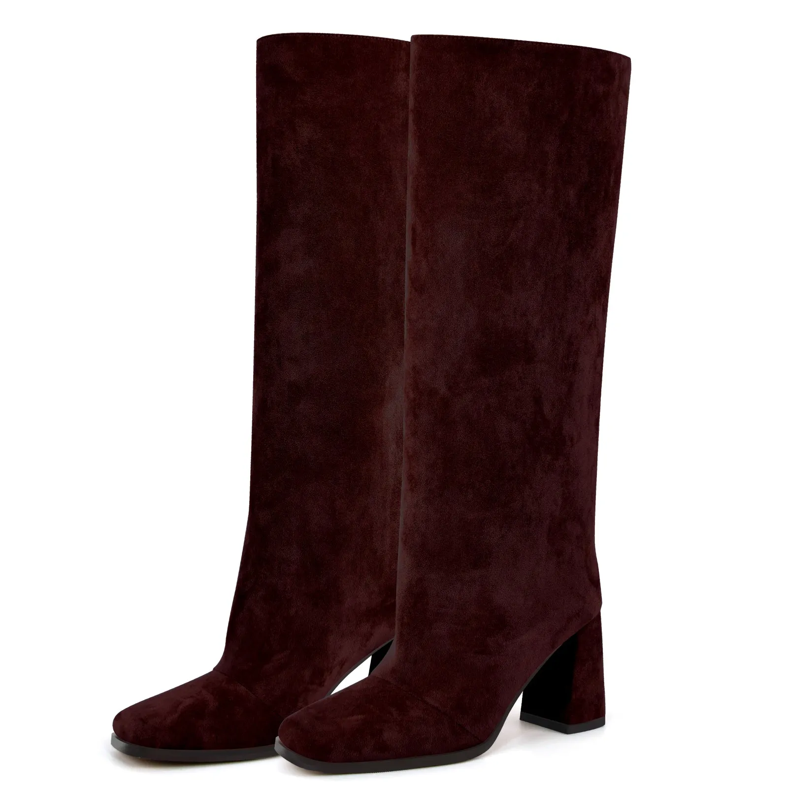 Square Toe Suede Chunky Heel Knee High Boots