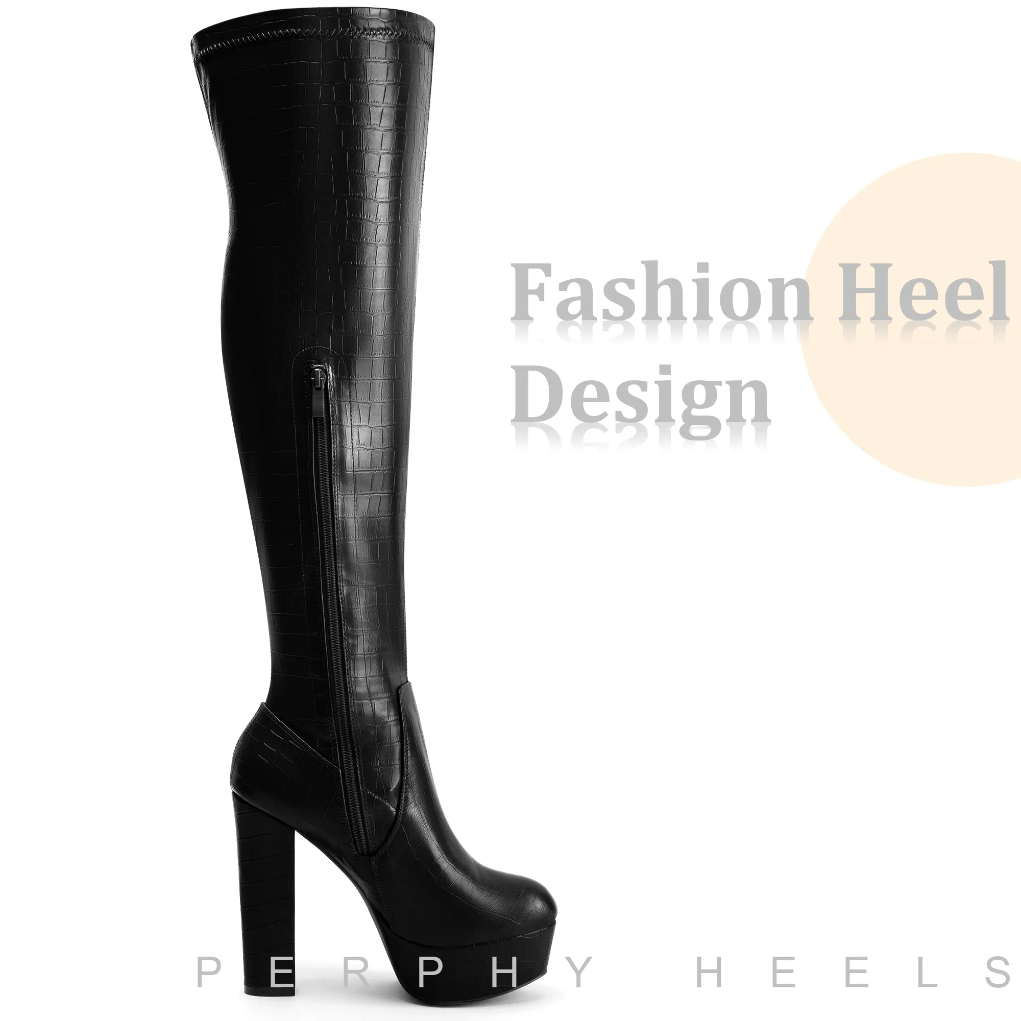 Stone Pattern Platform Chunky Heels Over the Knee Boots for Women