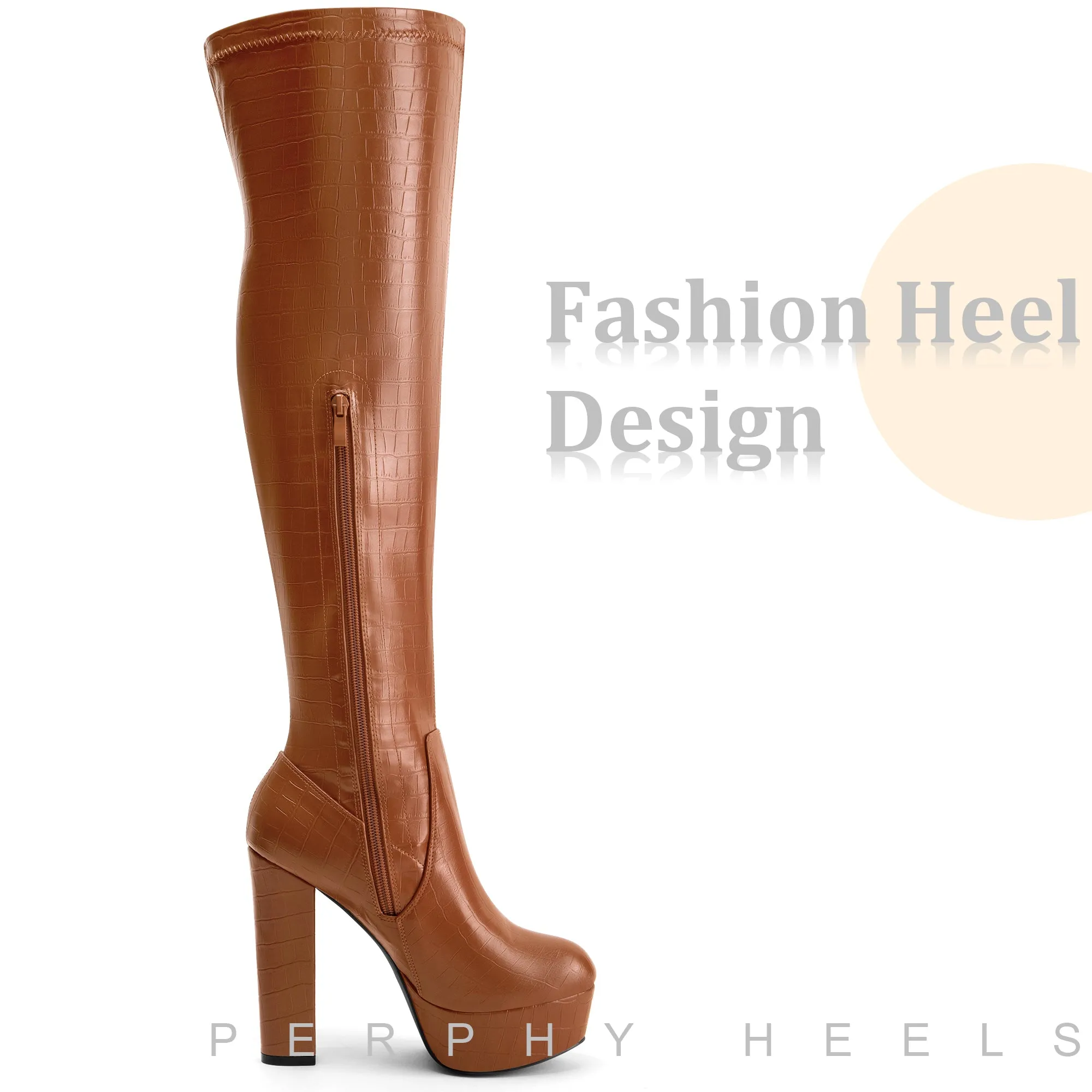 Stone Pattern Platform Chunky Heels Over the Knee Boots for Women