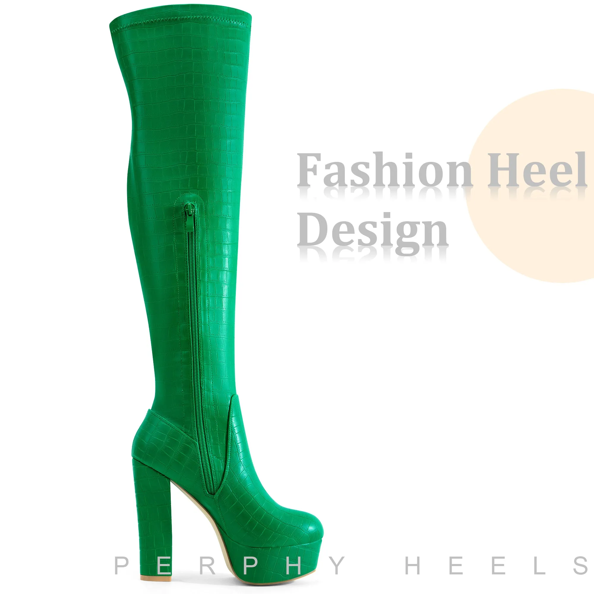 Stone Pattern Platform Chunky Heels Over the Knee Boots for Women