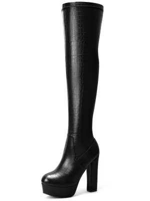 Stone Pattern Platform Chunky Heels Over the Knee Boots for Women