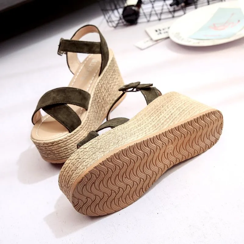 Summer Velvet Fish Mouth Buckle Platform Wedge Sandals