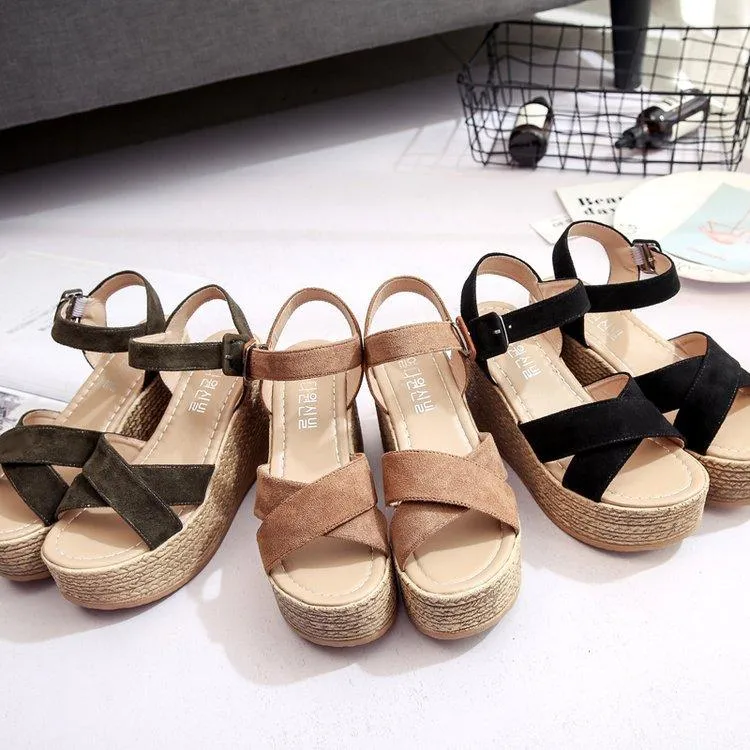 Summer Velvet Fish Mouth Buckle Platform Wedge Sandals