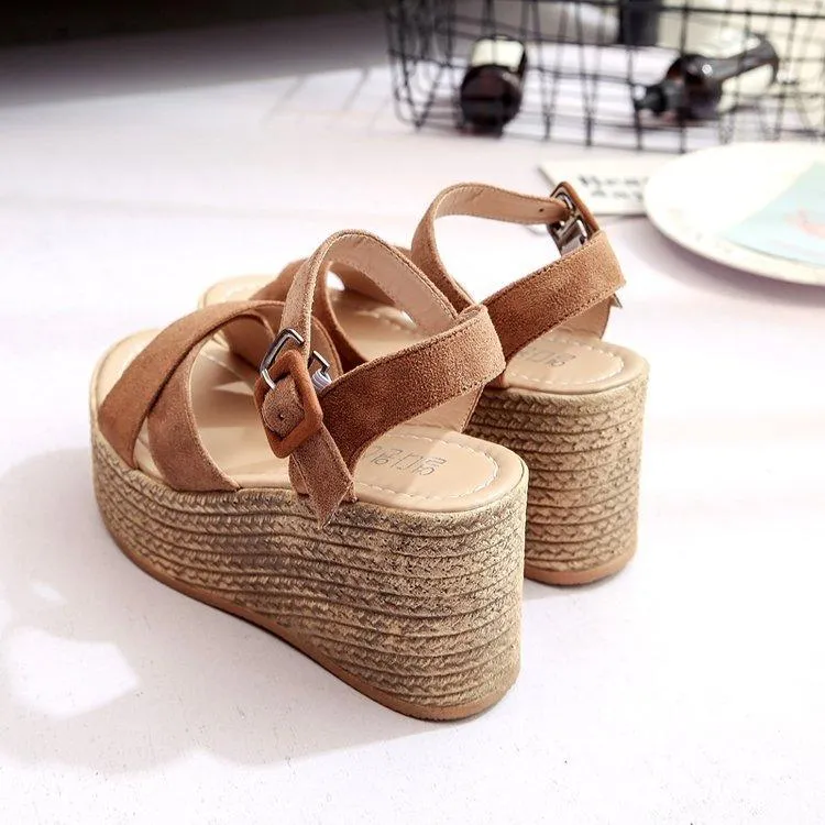 Summer Velvet Fish Mouth Buckle Platform Wedge Sandals