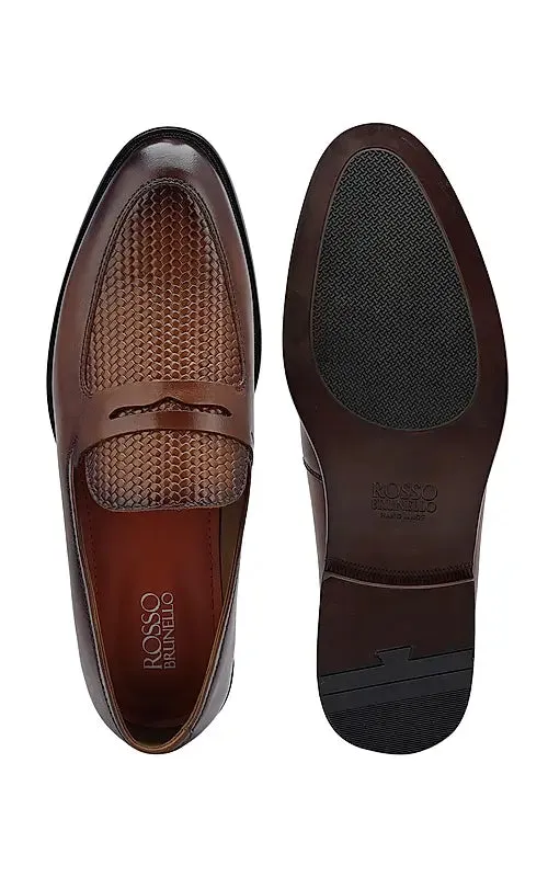 Tan Textured Leather Loafers