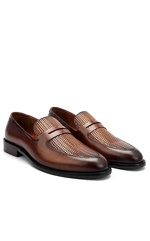 Tan Textured Leather Loafers