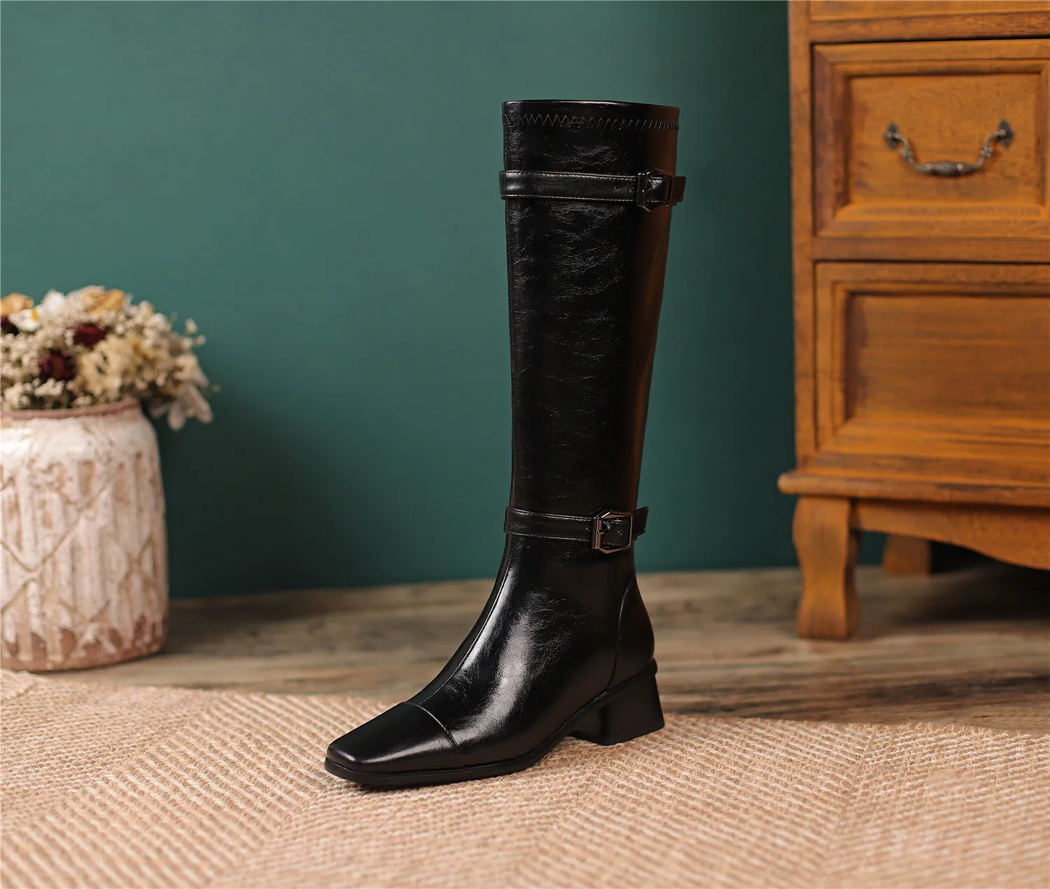 TinaCus Women's Square Toe Genuine Leather Handmade Zipper Chunky Heels Trendy Knee High Boots with Buckles