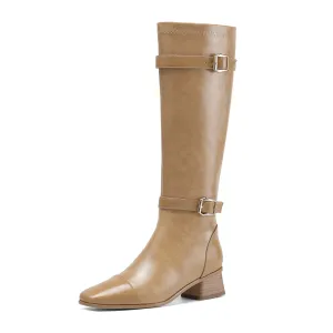 TinaCus Women's Square Toe Genuine Leather Handmade Zipper Chunky Heels Trendy Knee High Boots with Buckles