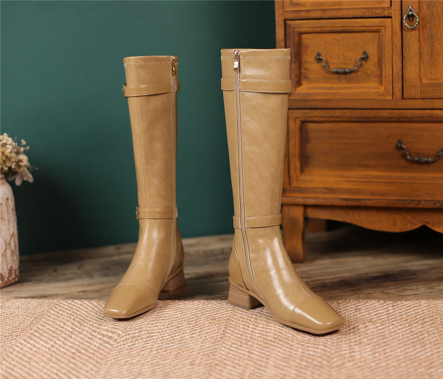 TinaCus Women's Square Toe Genuine Leather Handmade Zipper Chunky Heels Trendy Knee High Boots with Buckles