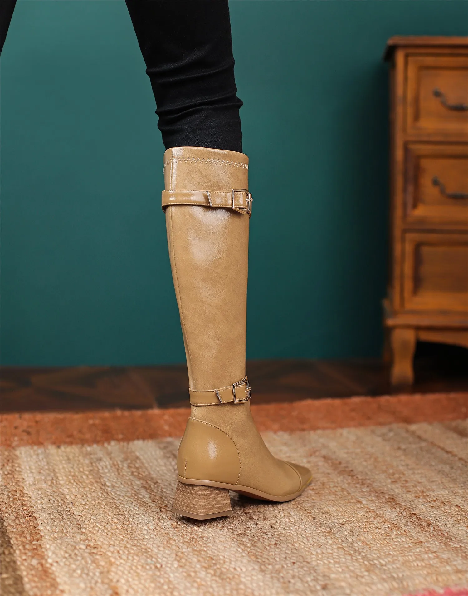 TinaCus Women's Square Toe Genuine Leather Handmade Zipper Chunky Heels Trendy Knee High Boots with Buckles