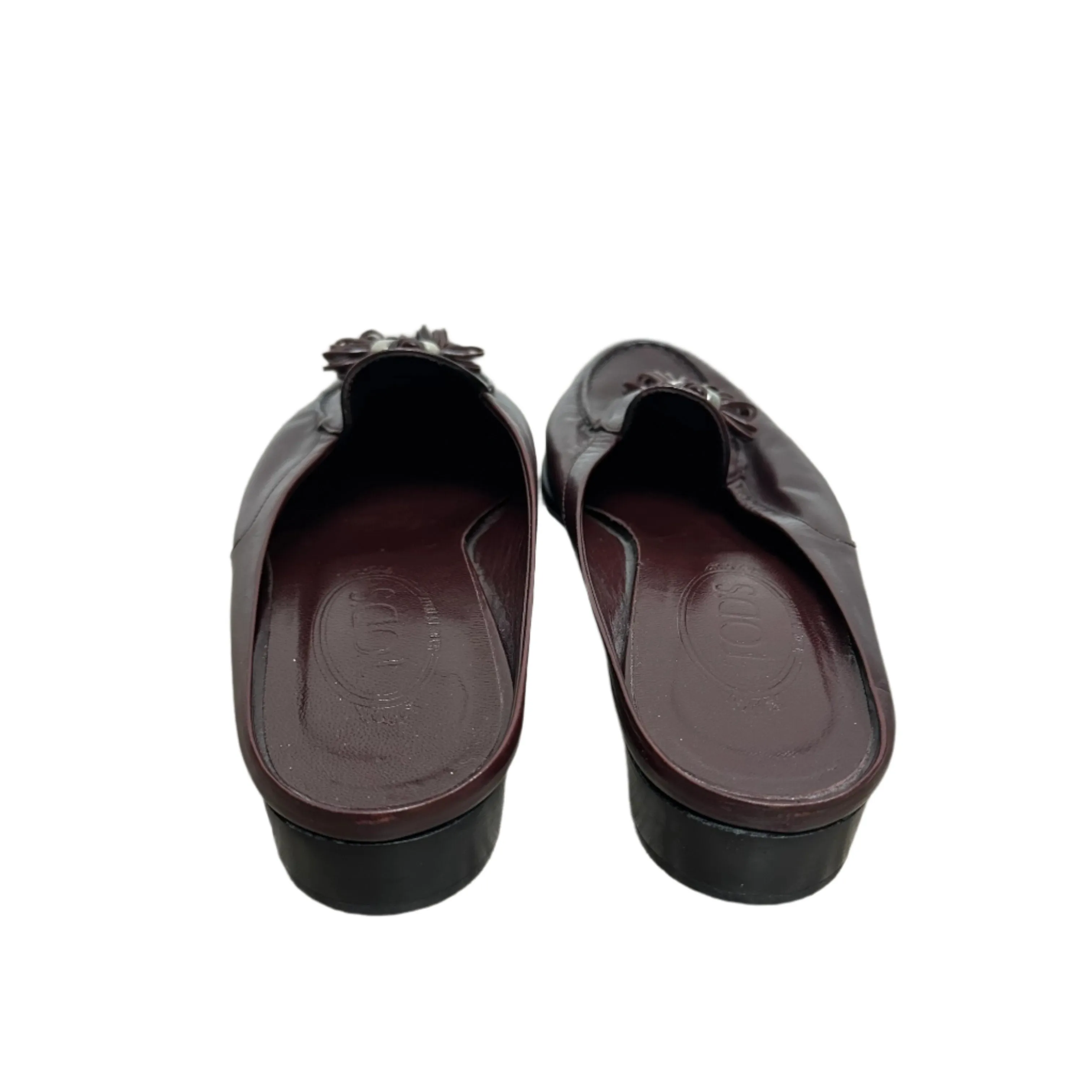 Tod's Loafers Burgundy Red Leather Slip On Tassel Low Heel Stitched Backless Mules 10