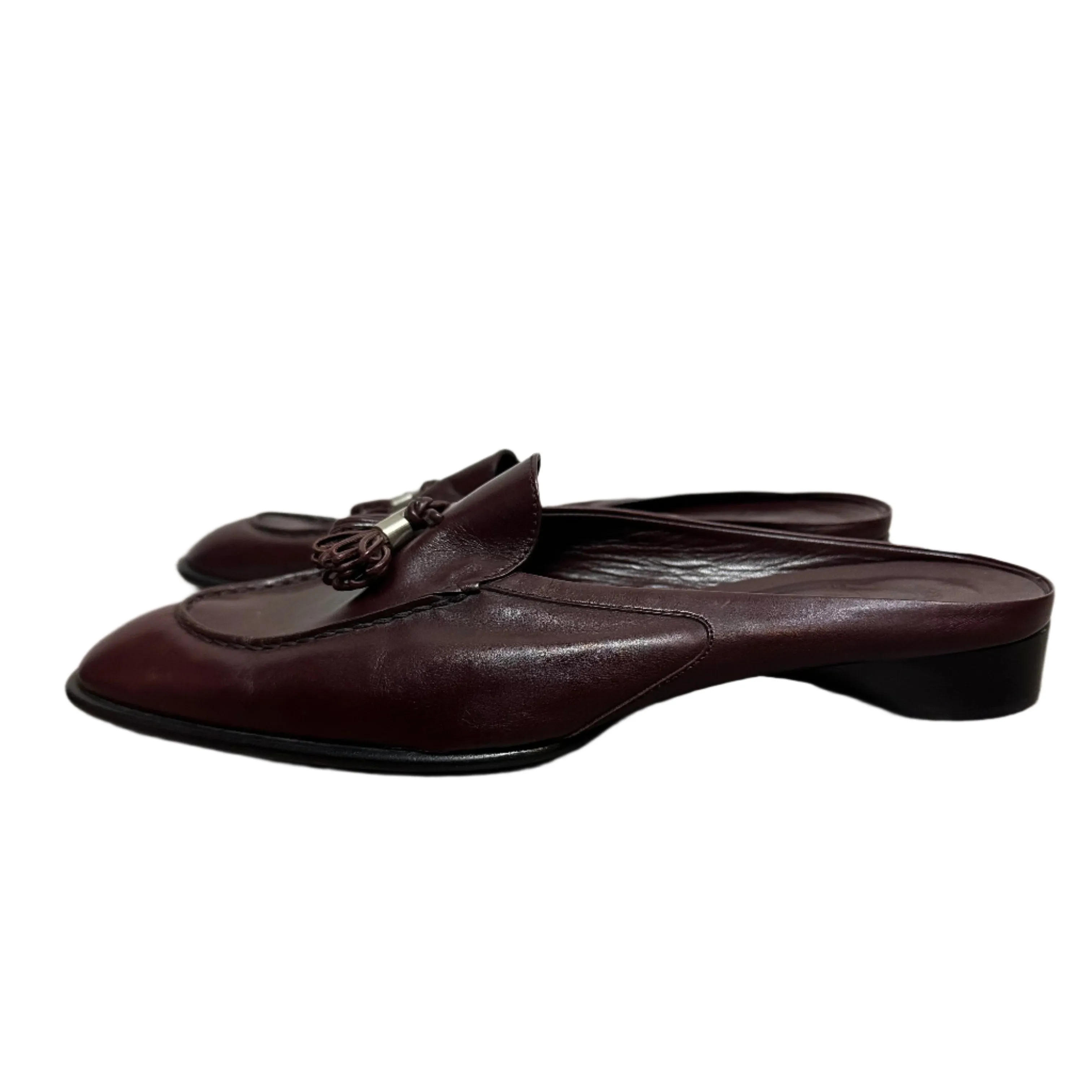 Tod's Loafers Burgundy Red Leather Slip On Tassel Low Heel Stitched Backless Mules 10