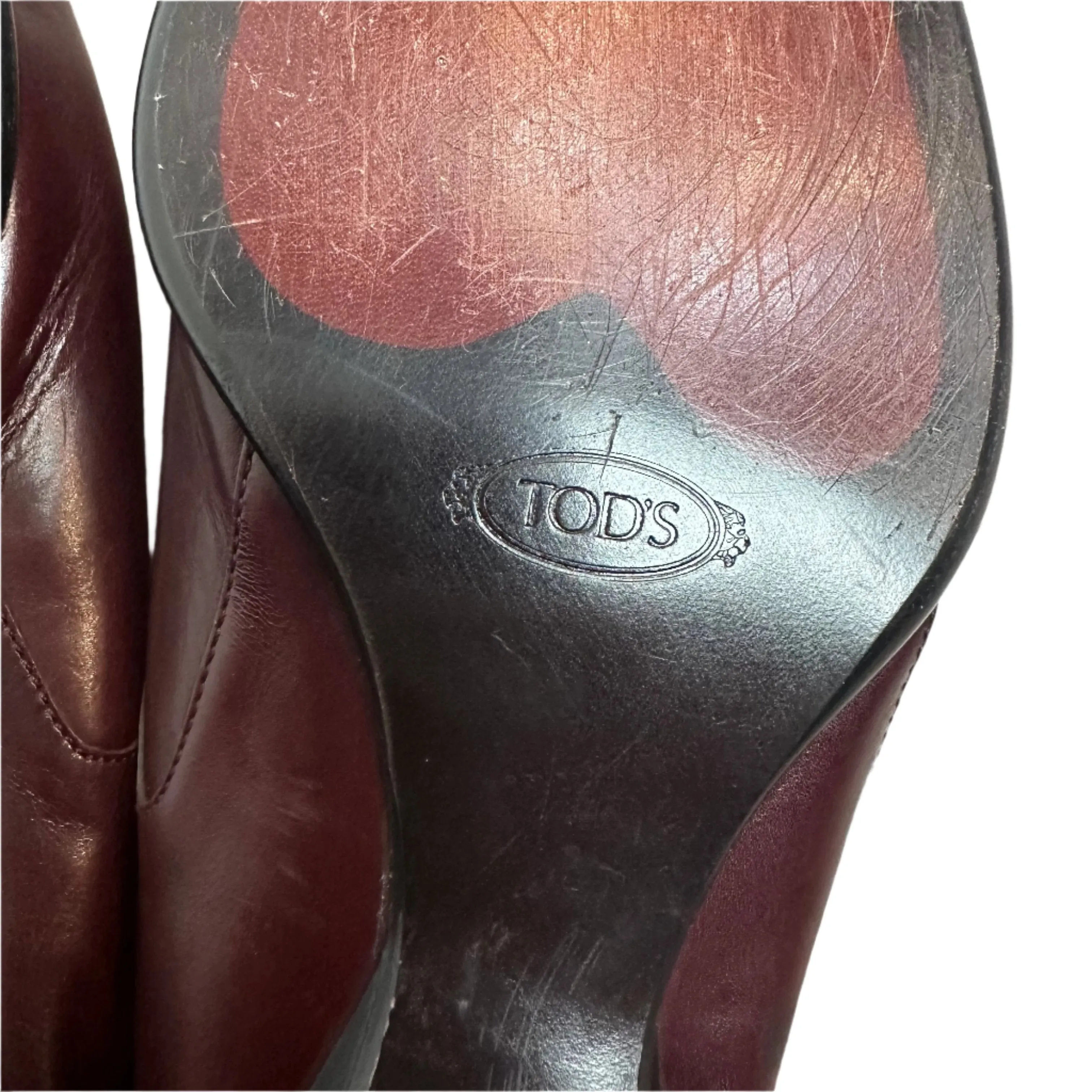 Tod's Loafers Burgundy Red Leather Slip On Tassel Low Heel Stitched Backless Mules 10