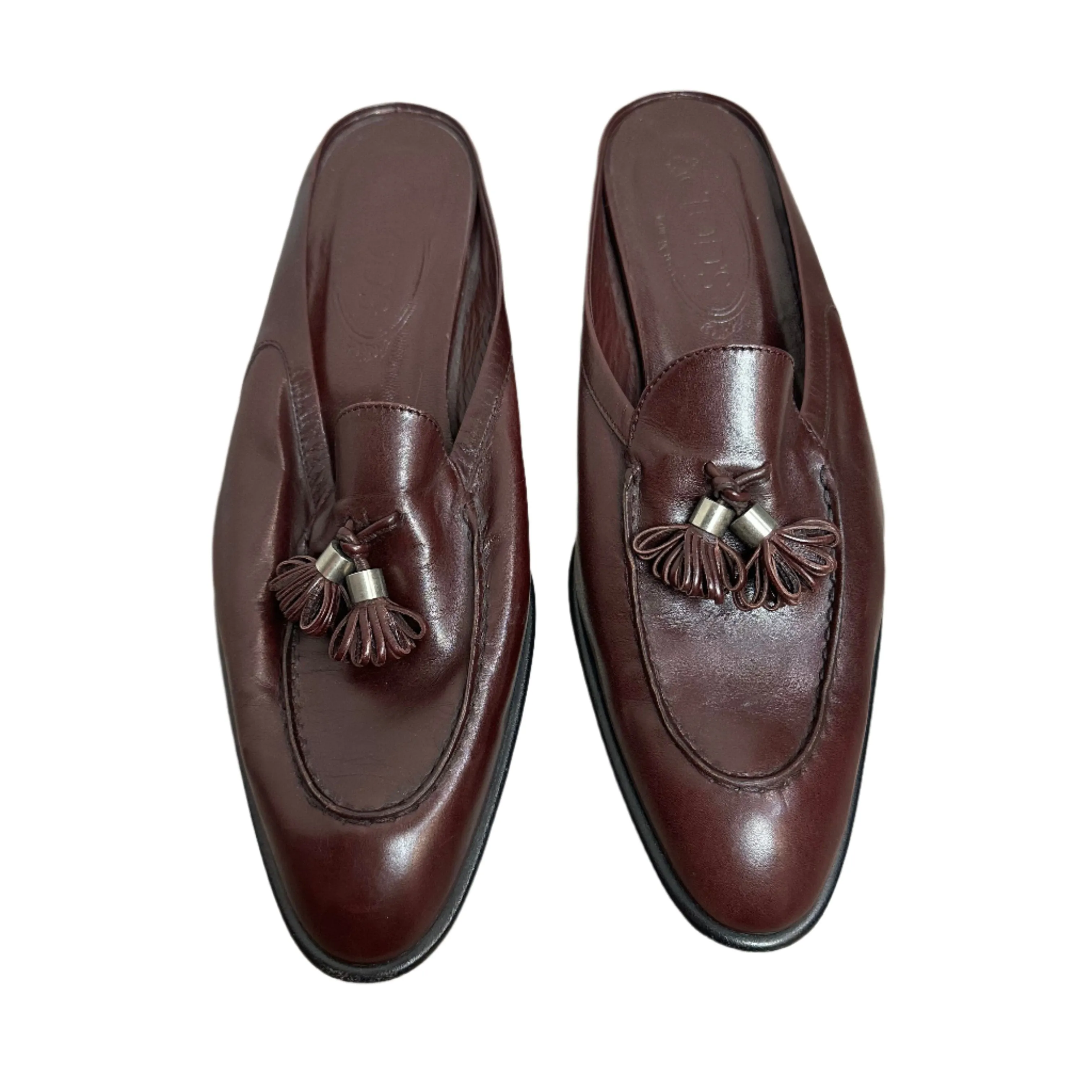 Tod's Loafers Burgundy Red Leather Slip On Tassel Low Heel Stitched Backless Mules 10