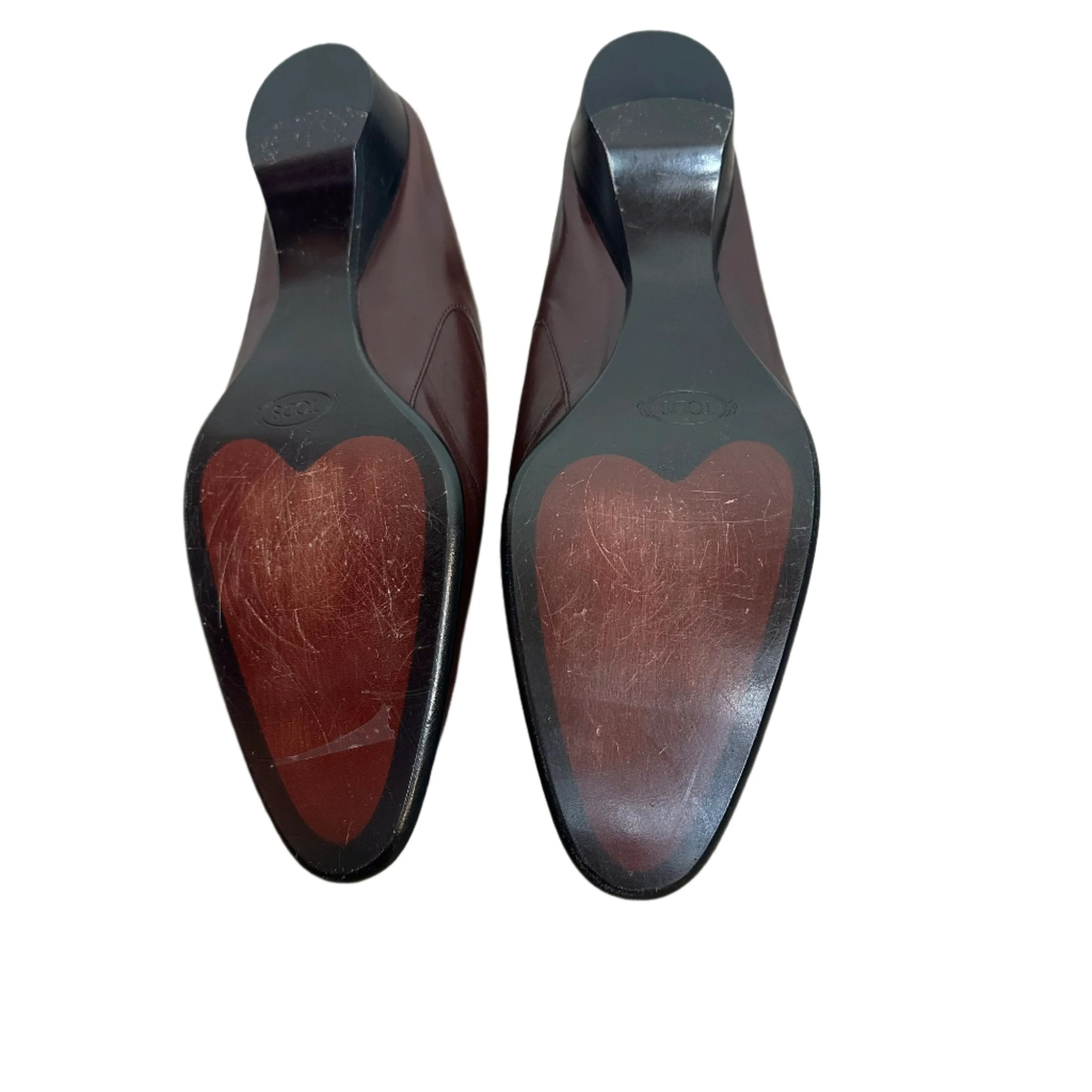 Tod's Loafers Burgundy Red Leather Slip On Tassel Low Heel Stitched Backless Mules 10