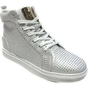 Travel Fox Men's White and Silver Rhinestone Nappa Leather High Top Sneakers 9210 07