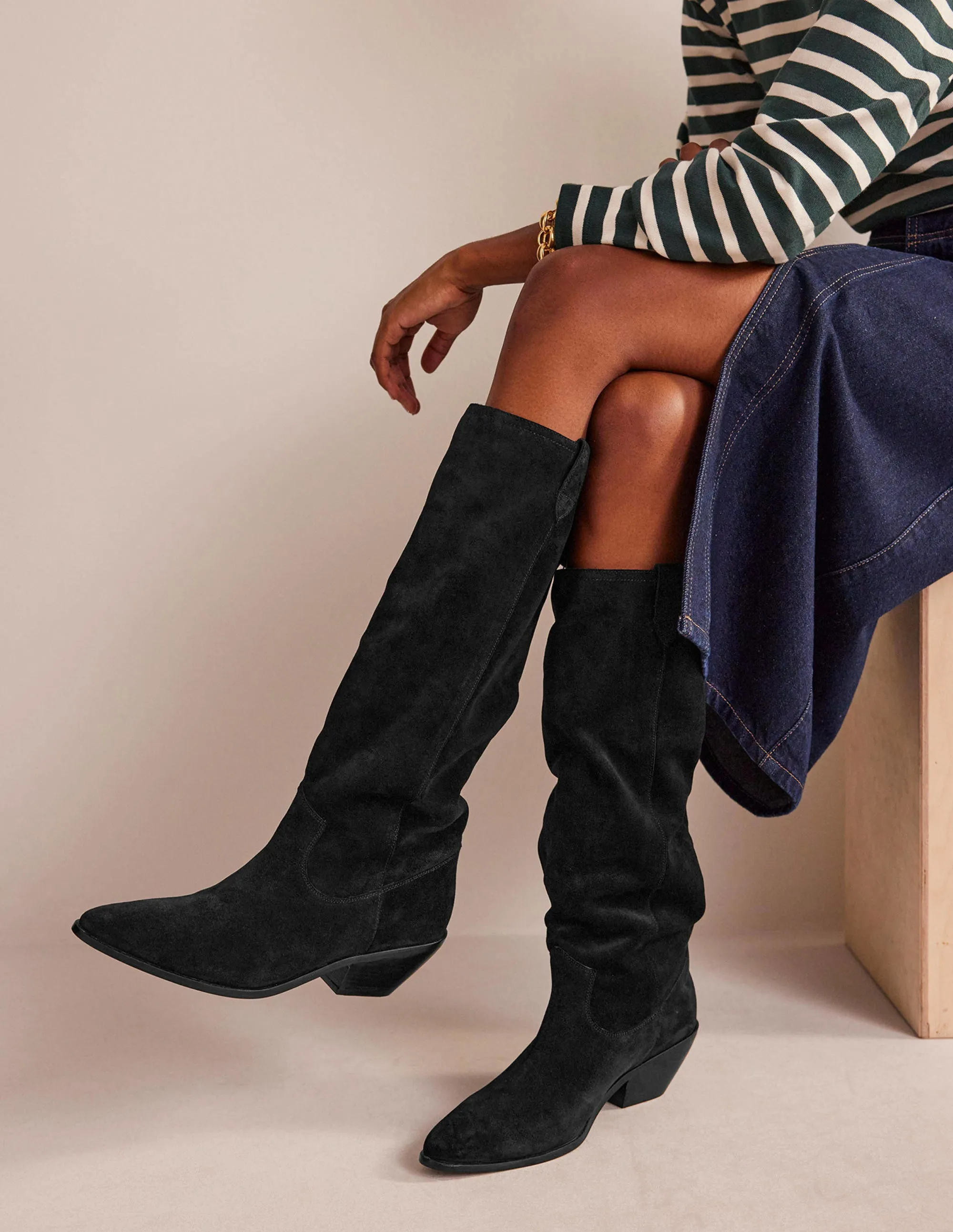 Western Knee High Boots-Black Suede
