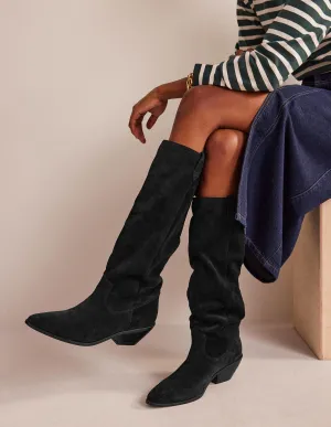 Western Knee High Boots-Black Suede