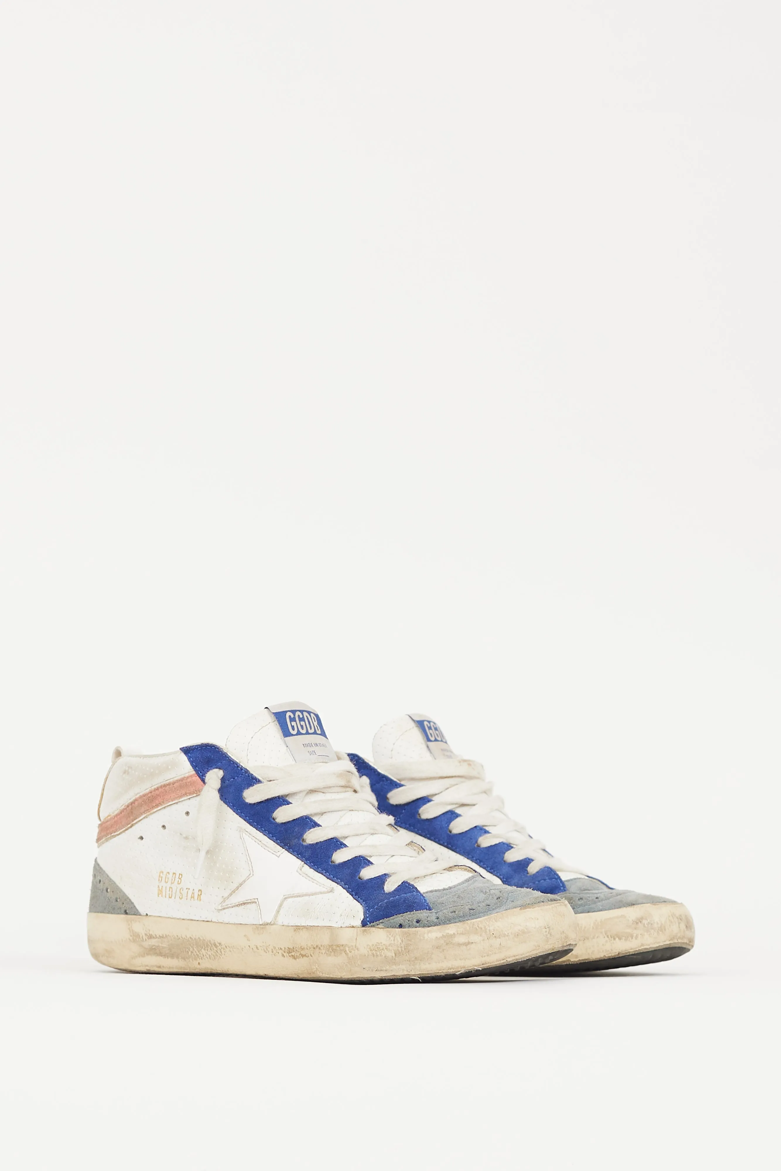 White & Blue Leather Midstar Perforated Sneaker