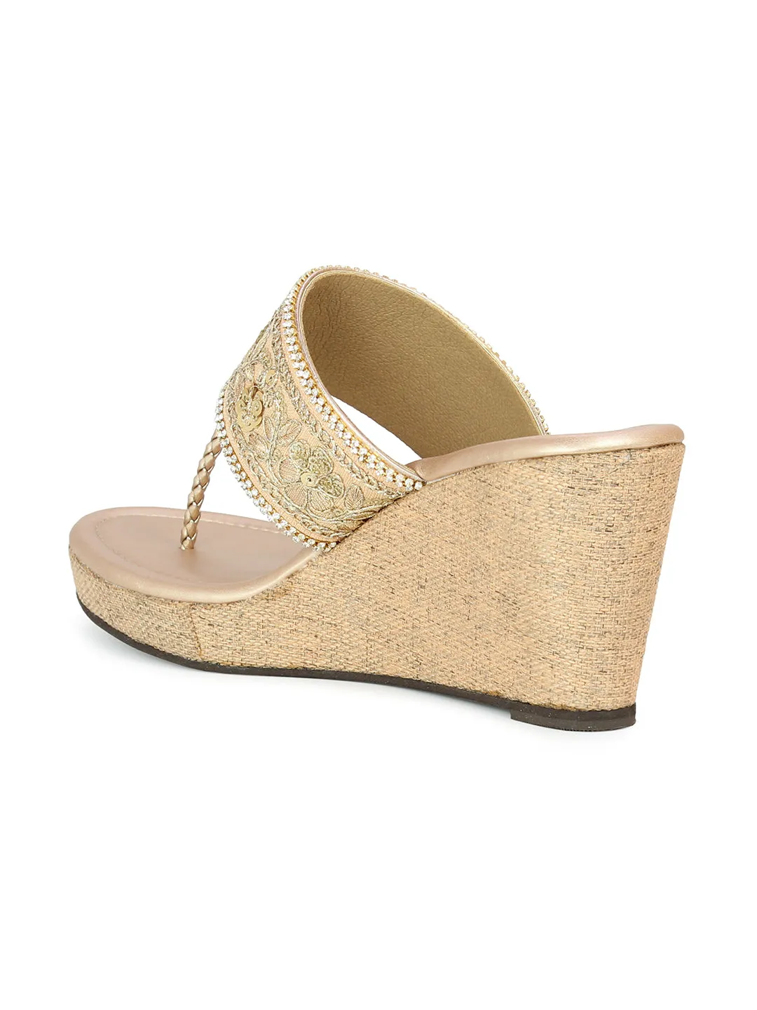 Women Rose Gold Embellished Ethnic Wedge Heel