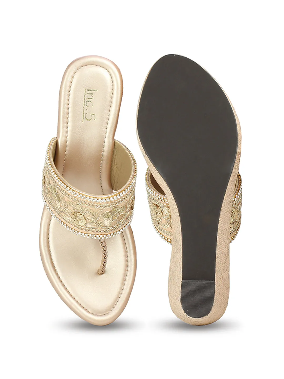 Women Rose Gold Embellished Ethnic Wedge Heel