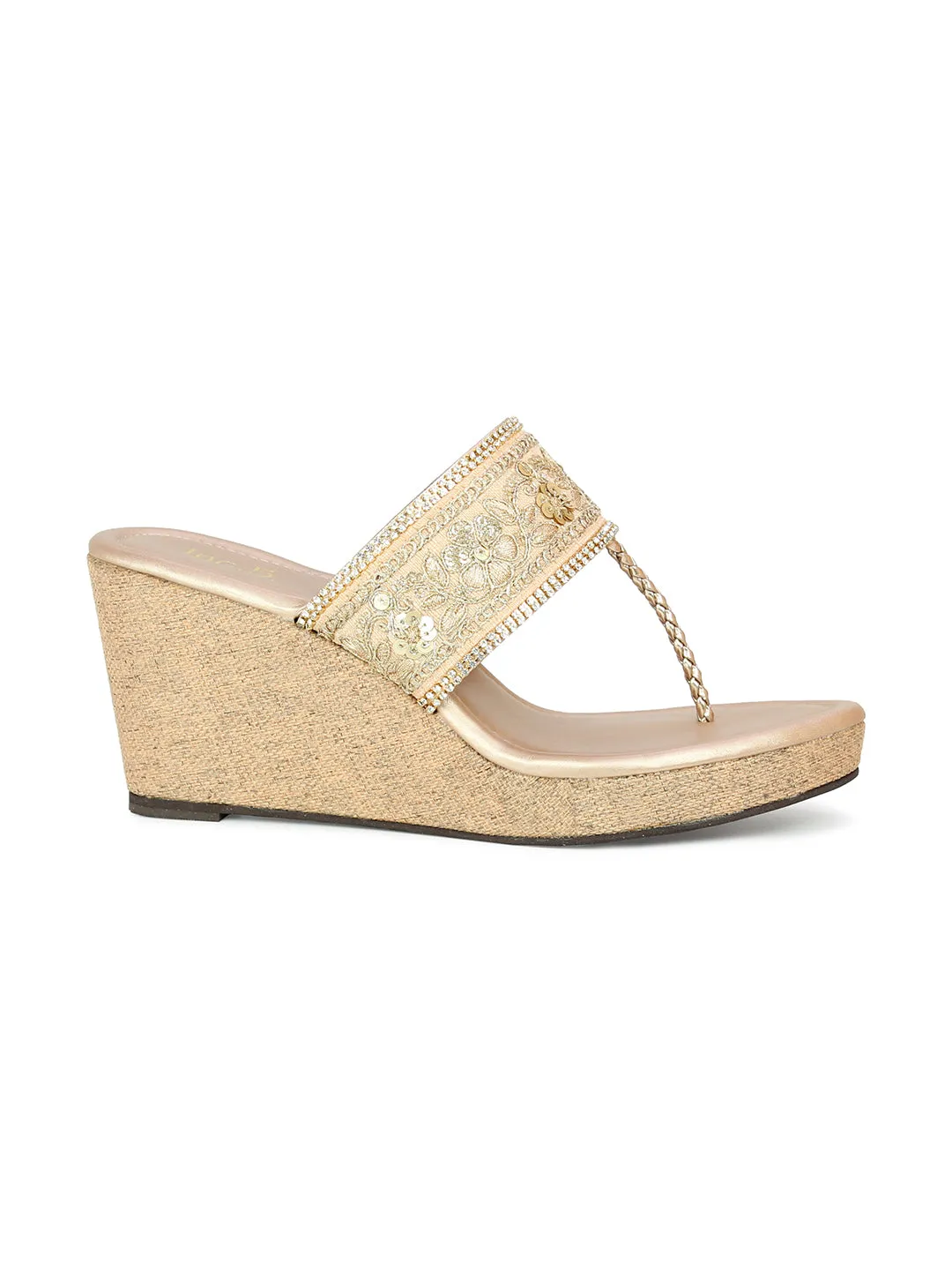 Women Rose Gold Embellished Ethnic Wedge Heel
