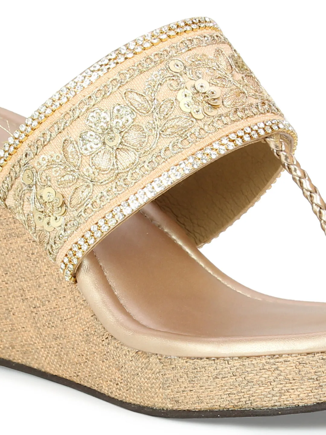 Women Rose Gold Embellished Ethnic Wedge Heel