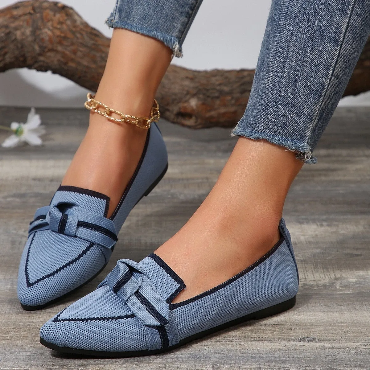 Women's Elegant Bow Contrast Trim Point Toe Loafers
