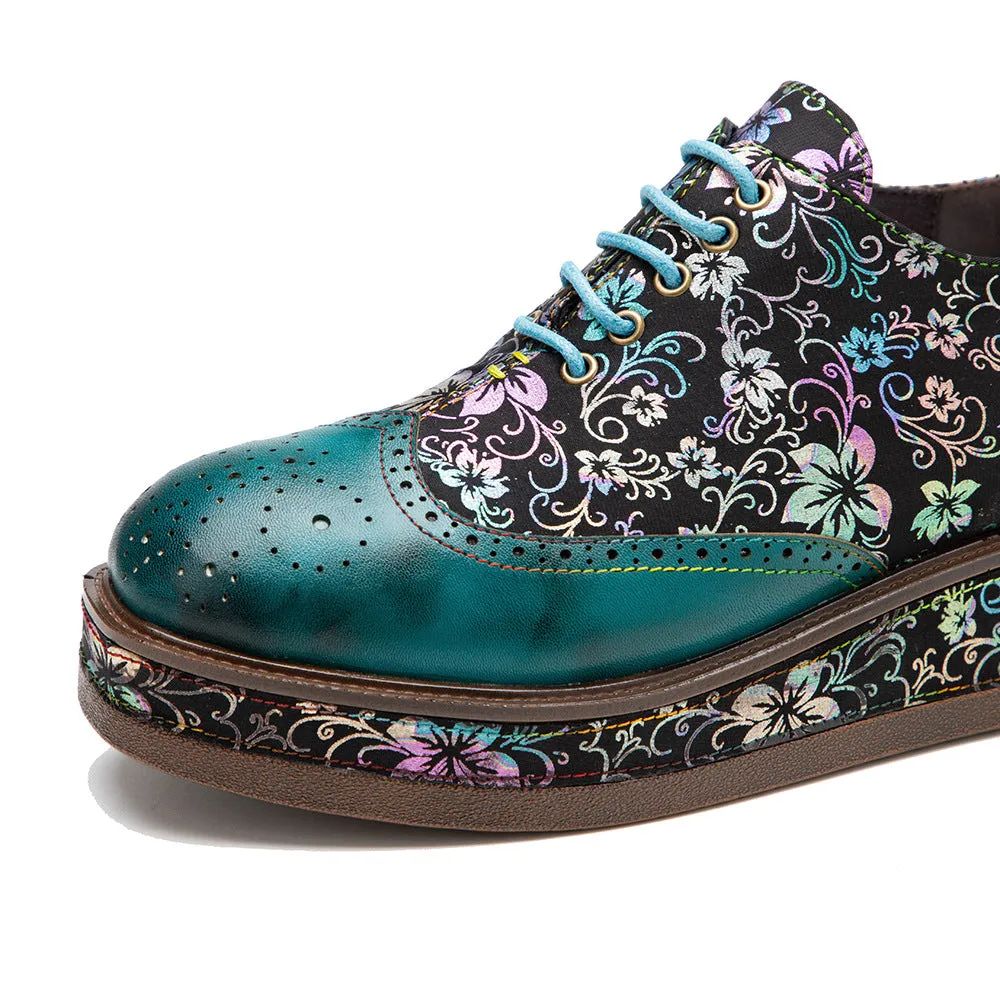 Women's green flower print brush off lace-up brogue loafers shoes vintage leather chunky platform loafers