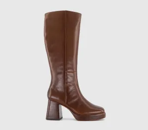 Womens OFFICE Kitty Platform Heeled Knee Boots Choc