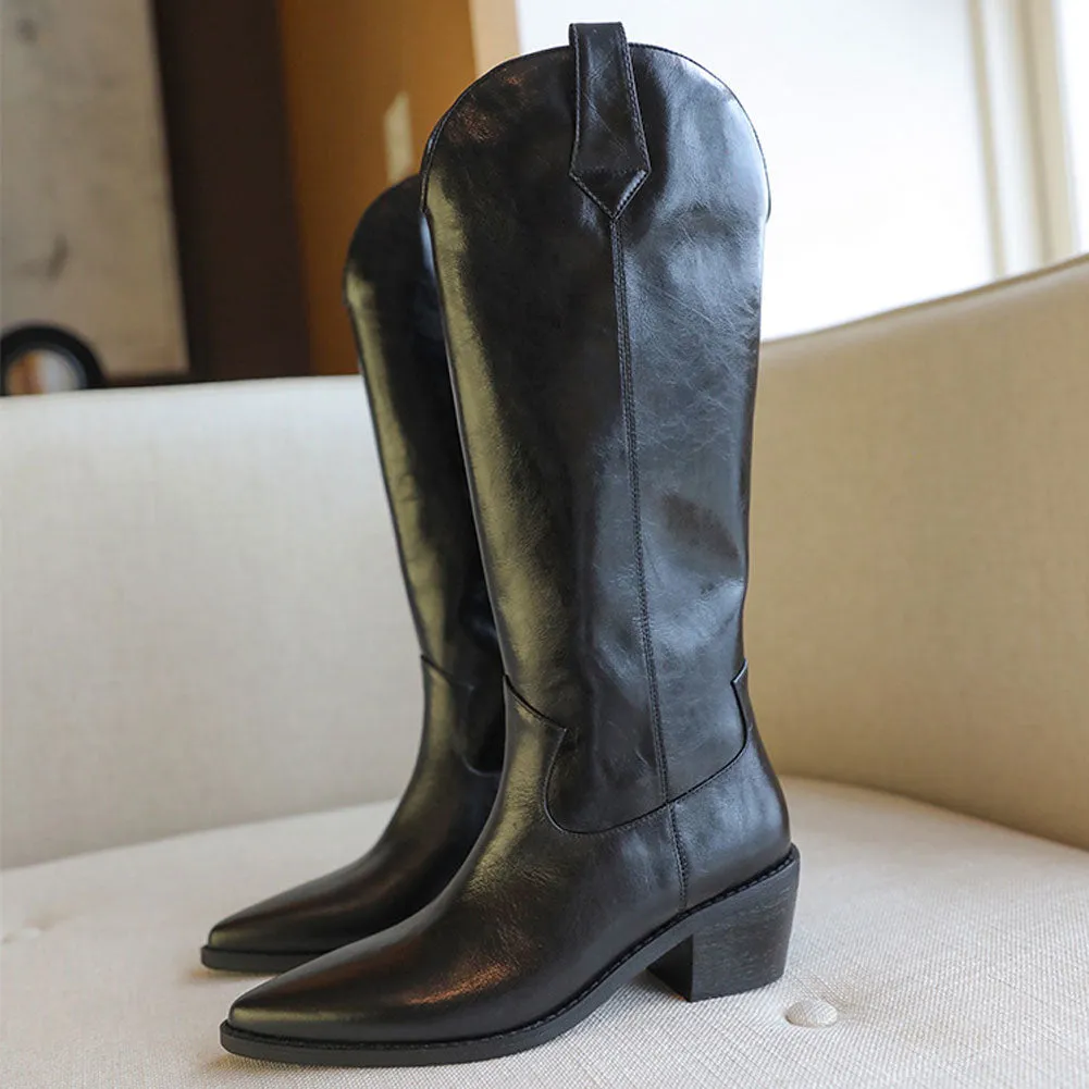 Womens Vintage Pointed Toe Pull On Tall Western Leather Boots with Heel