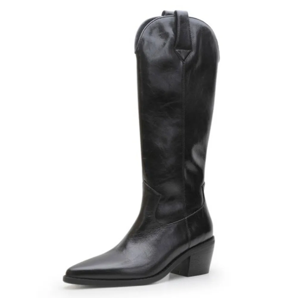 Womens Vintage Pointed Toe Pull On Tall Western Leather Boots with Heel