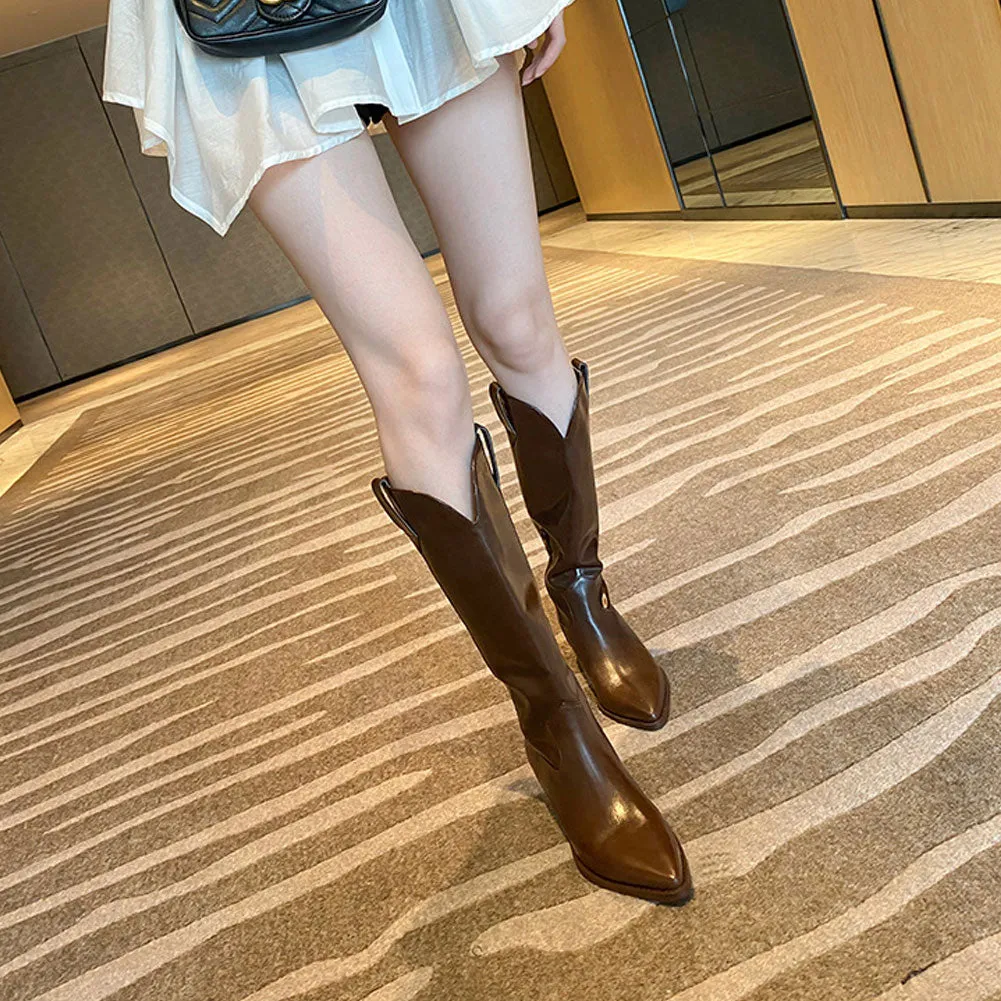 Womens Vintage Pointed Toe Pull On Tall Western Leather Boots with Heel