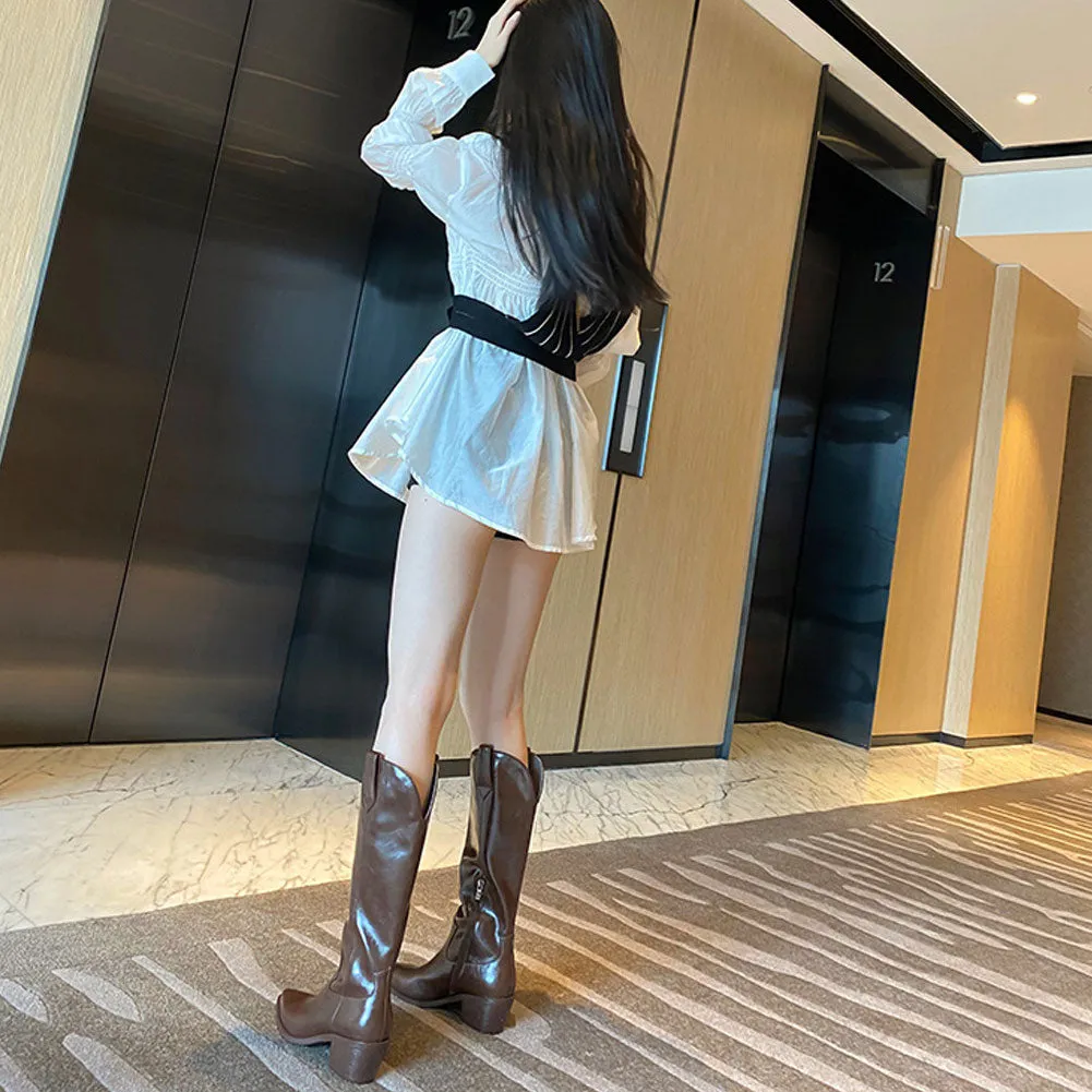Womens Vintage Pointed Toe Pull On Tall Western Leather Boots with Heel
