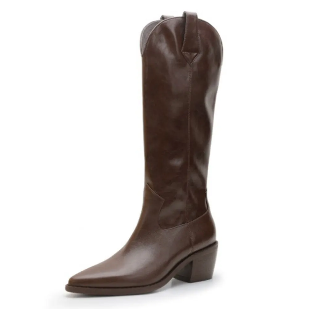 Womens Vintage Pointed Toe Pull On Tall Western Leather Boots with Heel