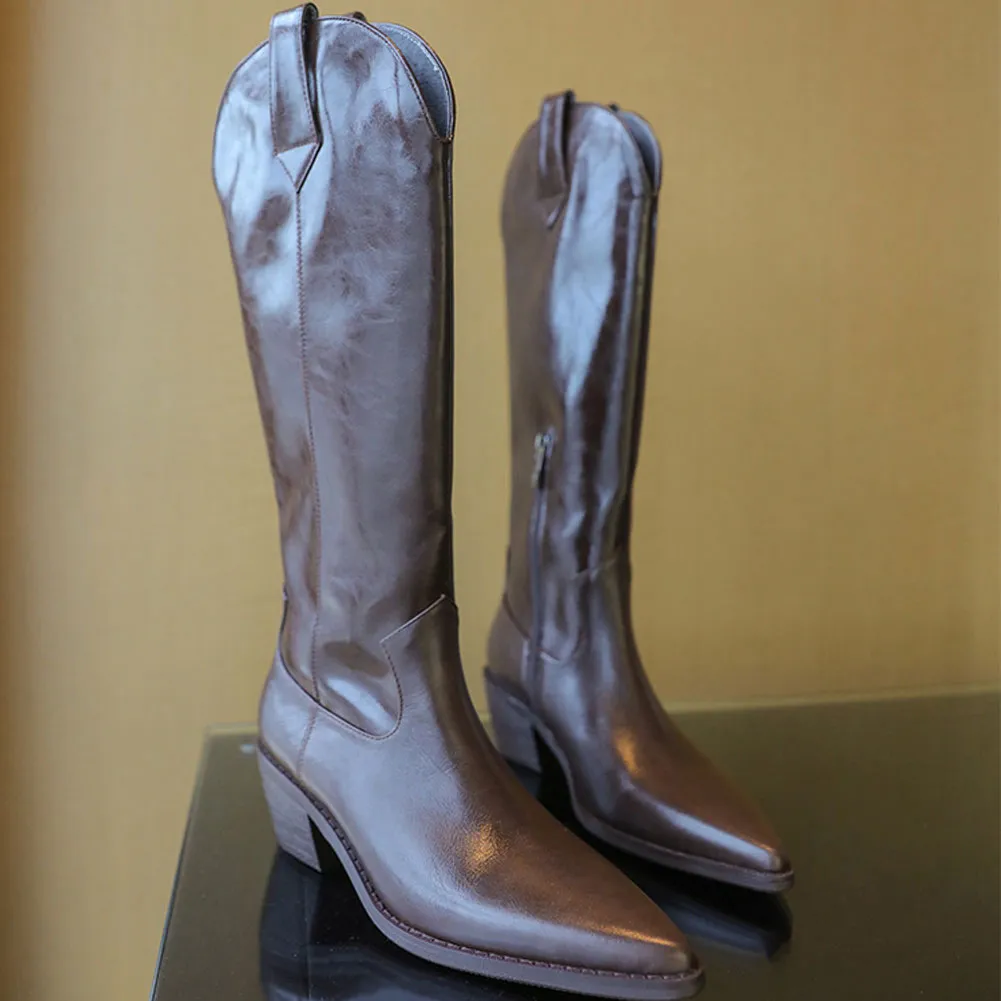 Womens Vintage Pointed Toe Pull On Tall Western Leather Boots with Heel