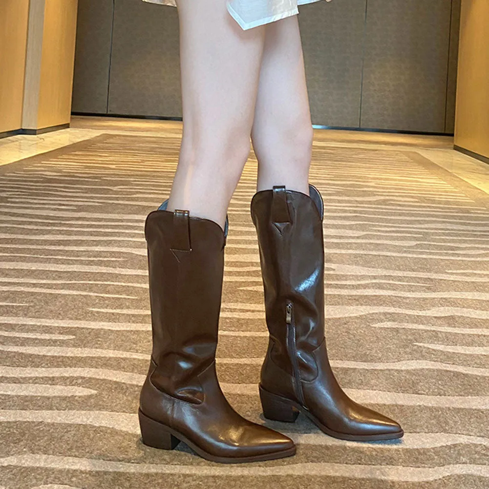 Womens Vintage Pointed Toe Pull On Tall Western Leather Boots with Heel